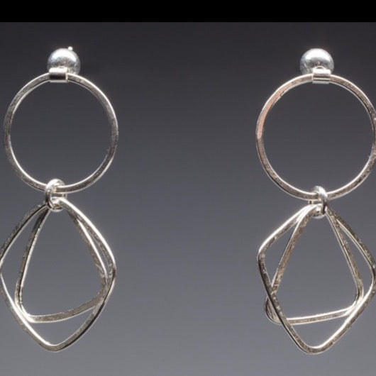 Kinetic circle, square, triangle dangly earrings