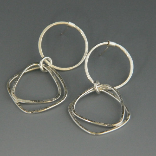 Kinetic circle, square, triangle dangly earrings