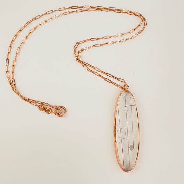 Rose gold necklace with quartz (with rutile inclusions) gemstone